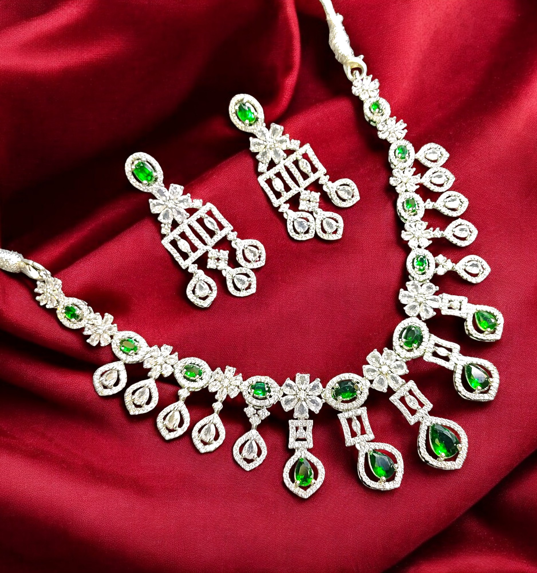 Luxury Crystal Chandelier Necklace & Earrings Combo Hydro Green